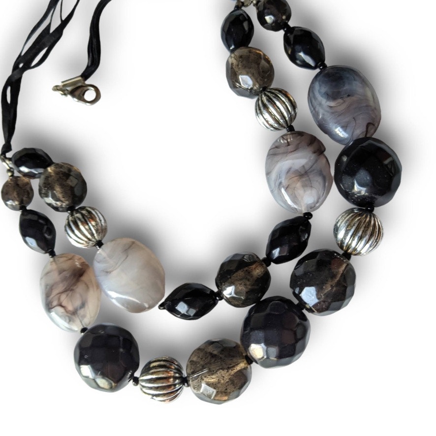 Black, Gray And Antiqued Silver Large Beaded Statement Necklace